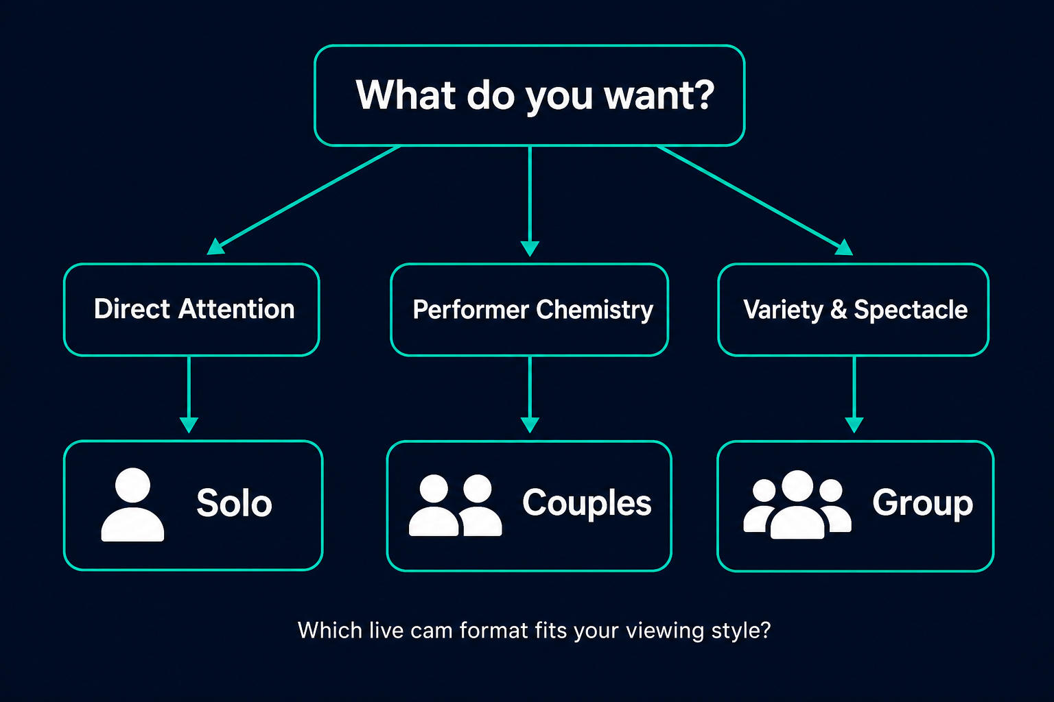 Which live cam format fits your viewing style — decision flowchart for Solo, Couples, and Group shows