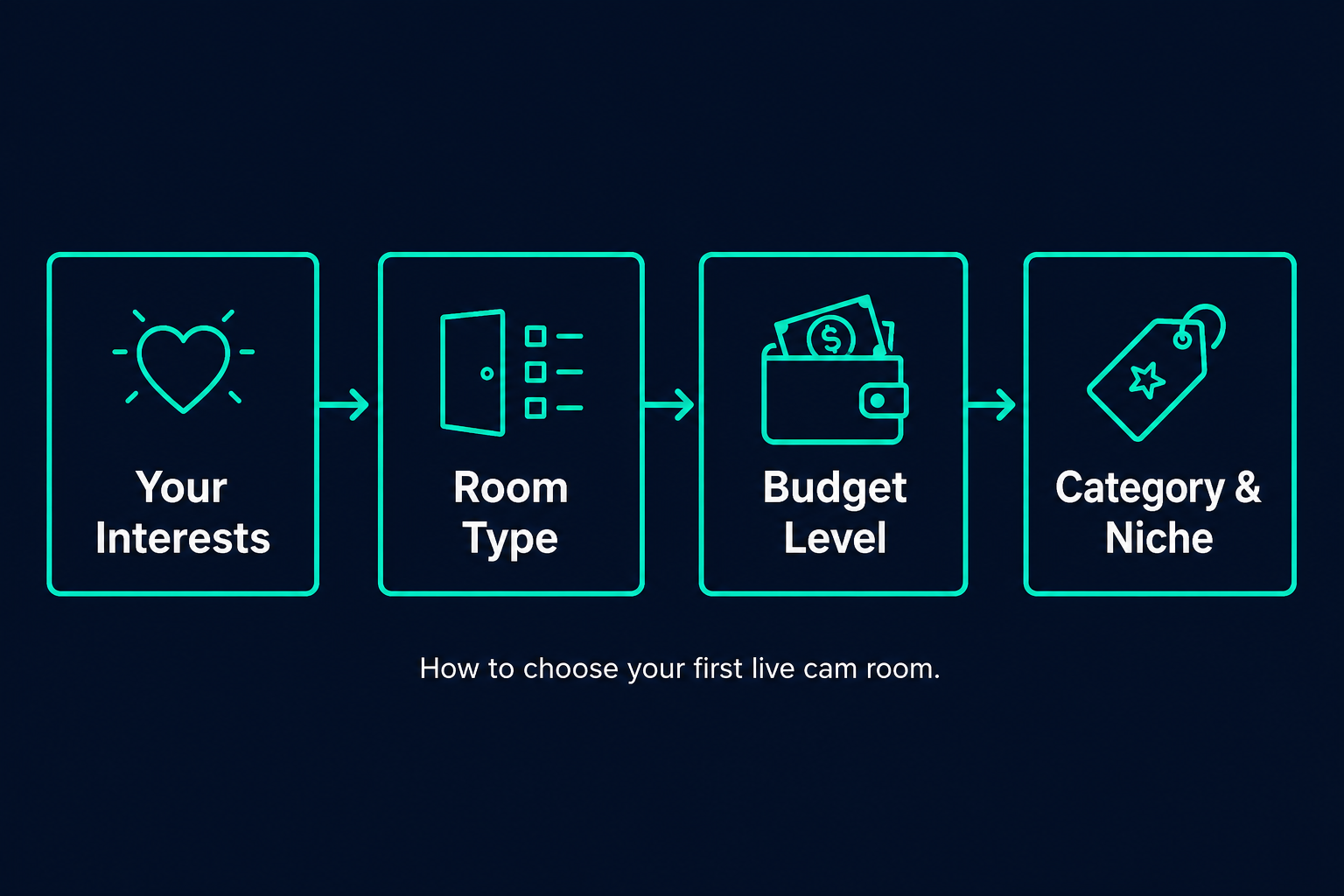 Flowchart showing first live cam room selection path: interests → room type → budget level → category