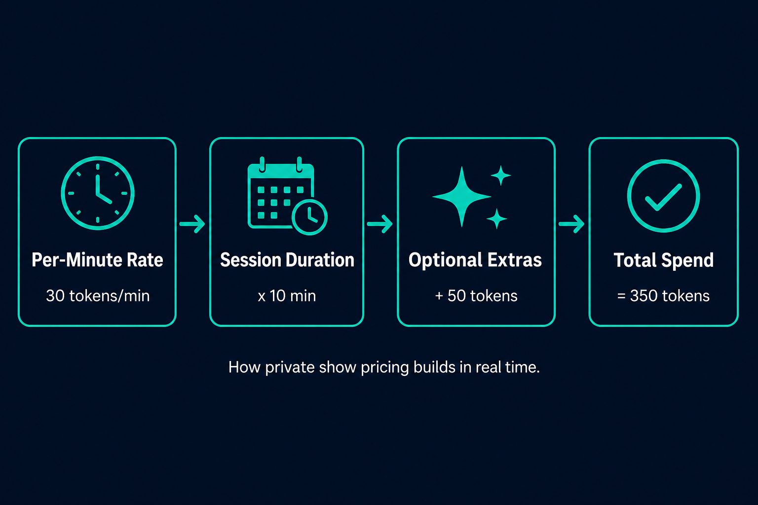 How private show pricing builds: rate per minute → session duration → optional extras → total spend